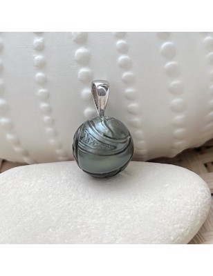 Engraved Tahitian pearl silver pendant price - cultured black pearl men's pendant