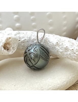 Engraved Tahitian pearl silver pendant price - cultured black pearl men's pendant