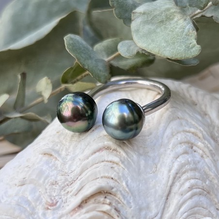 Sunset - Toi et Moi Tahitian Pearl Blue and Peacock Ring