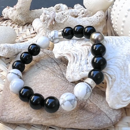 Armband Perle aus Tahiti - Obsidian - Howlith