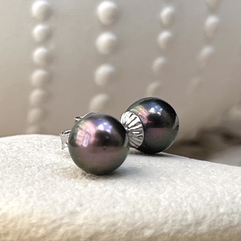 Metetini - Pendientes de plata con perla de Tahití de 7,64 mm
