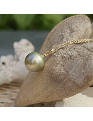 Colgante Verdadera Perla de Tahití Verde laguna 13mm - Oro Amarillo 18 Quilates