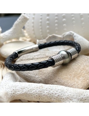 Tahitian pearl man leather bracelet price - tahitian jewerly for men - tahitian jewerly stores