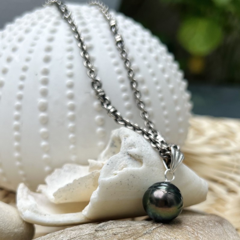 Collana da uomo con perle di Tahiti, perla blu pavone, 13,72 mm