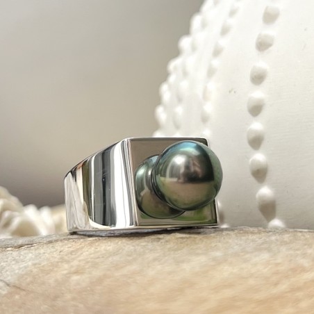 Honu - Tahitian Pearl Rhodium Silver Signet Ring