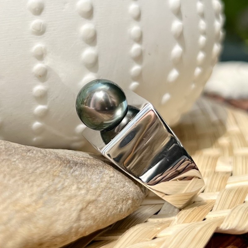 Honu - Tahitian Pearl Rhodium Silver Signet Ring