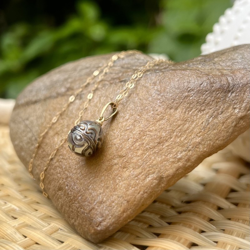 Pendentif Or 750 タヒチパール 彫刻 ティアレの花