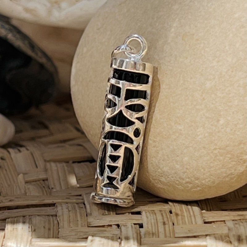 Harmony -  Tiki Pendant - Rhodium Silver - Onyx