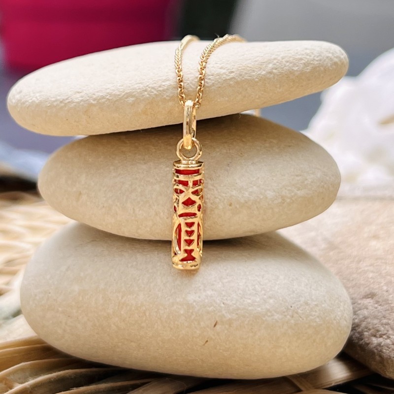 Harmony - Tiki Pendant - Gold Plated - Coral Resin