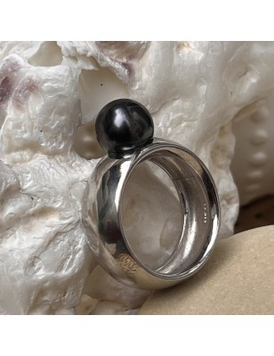 Real Black Pearl Ring - Rhodium Silver - Size 9.50
