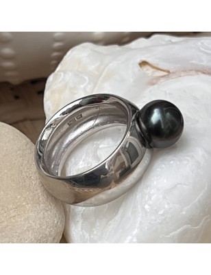 Real Black Pearl Ring - Rhodium Silver - Size 9.50