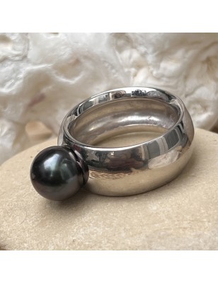 Real Black Pearl Ring - Rhodium Silver - Size 9.50