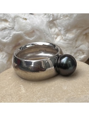 Real Black Pearl Ring - Rhodium Silver - Size 9.50