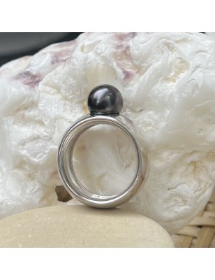 Real Black Pearl Ring - Rhodium Silver - Size 9.50