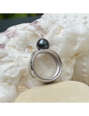 Real Black Pearl Ring - Rhodium Silver - Size 9.50
