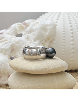 Real Black Pearl Ring - Rhodium Silver - Size 9.50