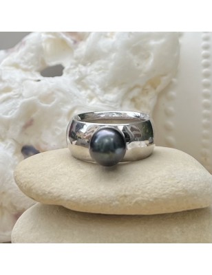 Real Black Pearl Ring - Rhodium Silver - Size 9.50