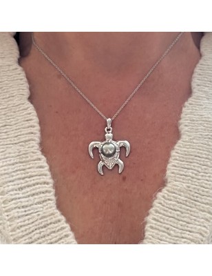 Pendentif Tortue パール タヒチ - 8/9mm - ロジウムメッキ シルバー