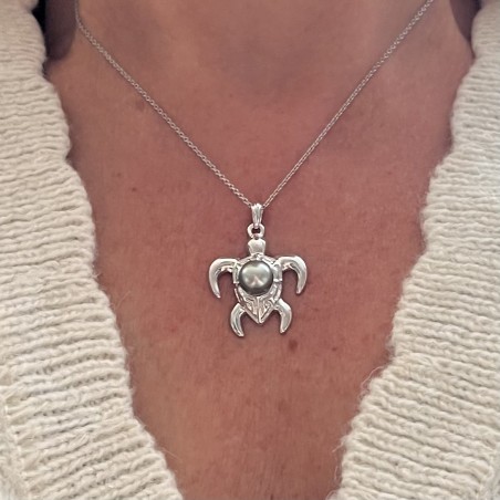 Tahitian Pearl Turtle Pendant - Rhodium Silver