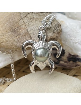 Tahitian Pearl Turtle Pendant - Rhodium Silver