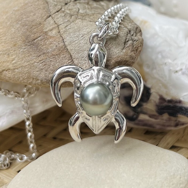 Pendentif Tortue Perle de Tahiti - 8/9mm - Argent Rhodié