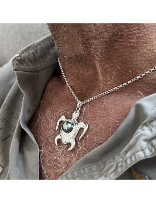 Tahitian blue pearl sterling silver turtle pendant