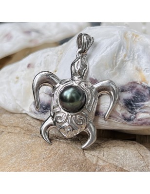 Blue Tahitian Pearl Rhodium silver Pendant - Turtle