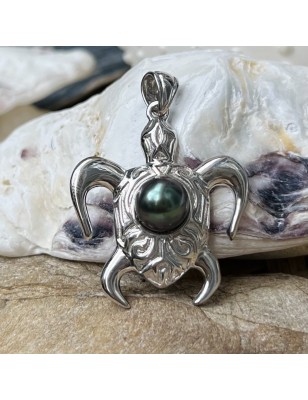 Blue Tahitian Pearl Rhodium silver Pendant - Turtle