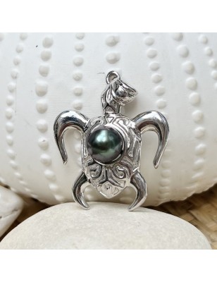 Blue Tahitian Pearl Rhodium silver Pendant - Turtle