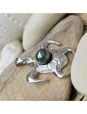 trouve tortue en pendentif homme perle de culture de Tahiti bleue prix