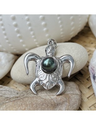 Blue Tahitian Pearl Rhodium silver Pendant - Turtle