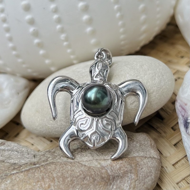 Schildkrötenanhänger mit blauer Tahitiperle (9,82 mm) – rhodiniertes Silber