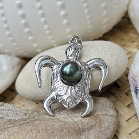 trouve tortue en pendentif homme perle de culture de Tahiti bleue prix