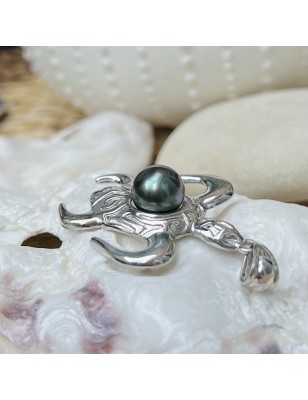 Blue Tahitian Pearl Rhodium silver Pendant - Turtle