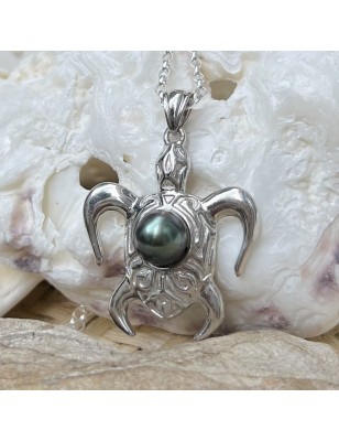 trouve tortue en pendentif homme perle de culture de Tahiti bleue prix