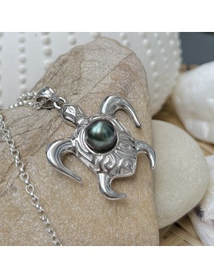 trouve tortue en pendentif homme perle de culture de Tahiti bleue prix