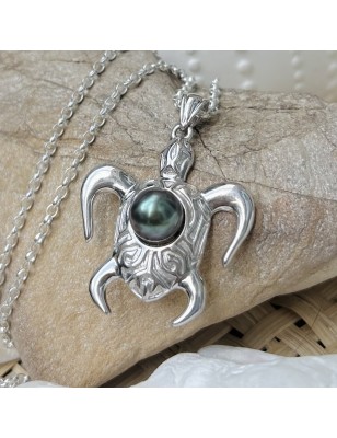 Blue Tahitian Pearl Rhodium silver Pendant - Turtle