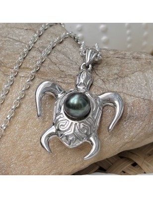 trouve tortue en pendentif homme perle de culture de Tahiti bleue prix