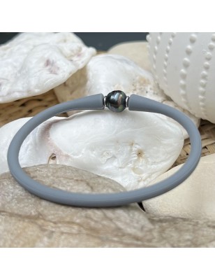 Pulsera de caucho gris con auténtica perla pavo real azul de Tahití