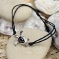 Pulsera de algodón negro - Tortuga de esmalte negro - Plata rodiada