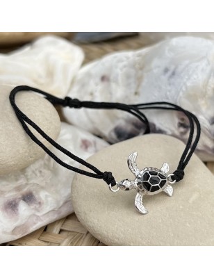 Pulsera de algodón negro - Tortuga de esmalte negro - Plata rodiada