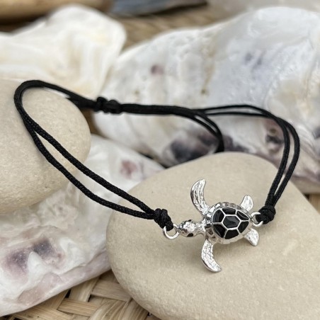Bracciale in cotone nero - Tartaruga in smalto nero - Argento placcato rodio