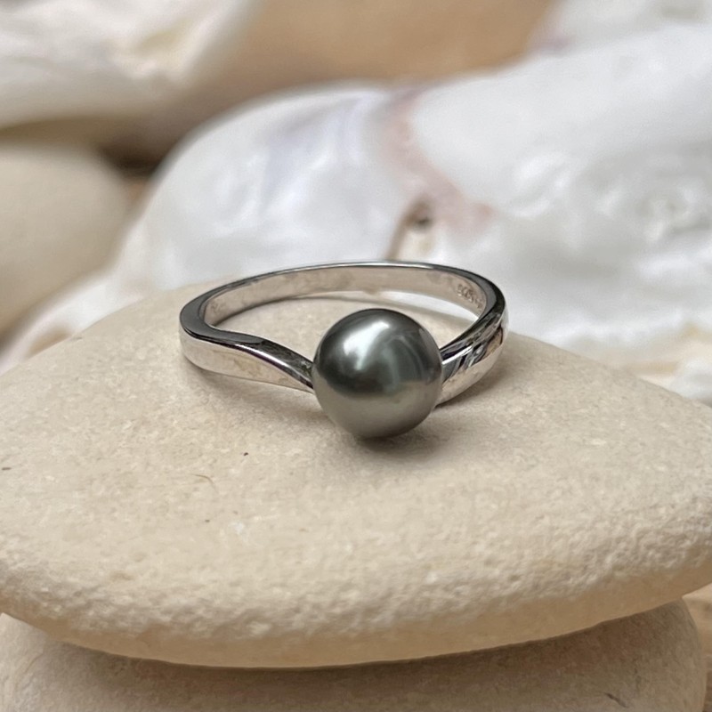 Ella - Tahitian Pearl Rhodium Silver Ring - 7.75mm