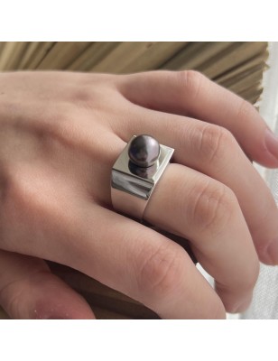 Honu - Tahitian Eggplant Pearl Ring - Rhodium Silver