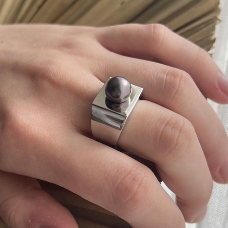 Honu - Tahitian Eggplant Pearl Ring - Rhodium Silver