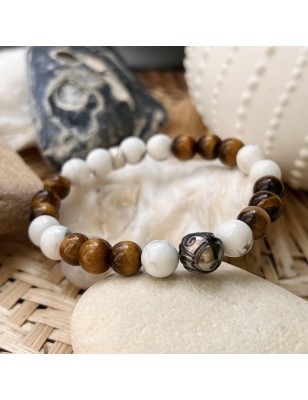 tiger eye man bracelet with engraved cultured pearl from Tahiti price - perla Tahiti