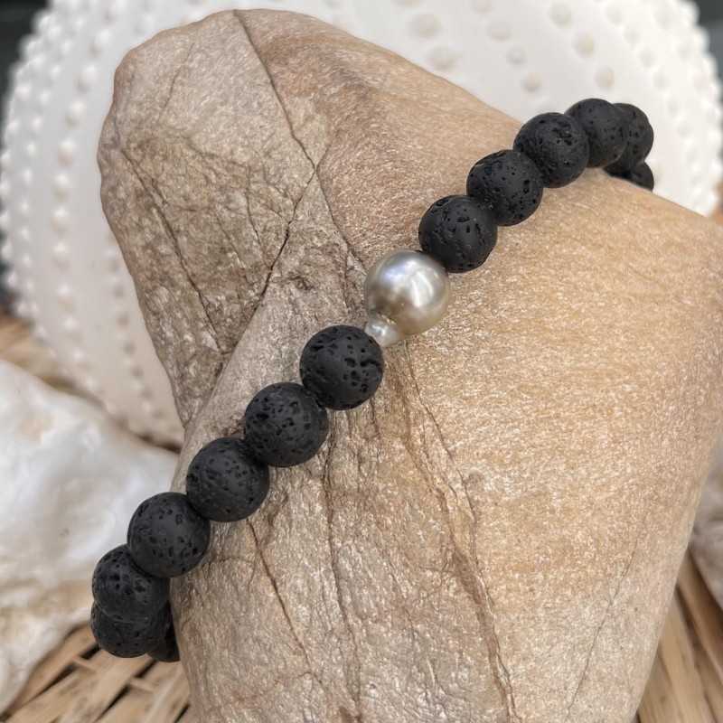Armband aus grauen Tahitiperlen – Lavasteine