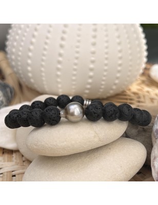 Armband aus grauen Tahitiperlen – Lavasteine