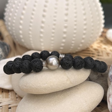 Armband aus grauen Tahitiperlen – Lavasteine