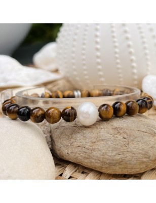 Pulsera de perlas de agua dulce para hombre - Ojo de tigre